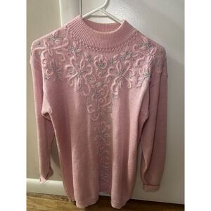 Vintage Jaclyn Smith Pink Beaded Sweater Metallic Silver Floral Mock Neck Small